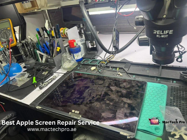 Board-level backlight circuit micro-soldering under a microscope in Dubai — MacTech Pro