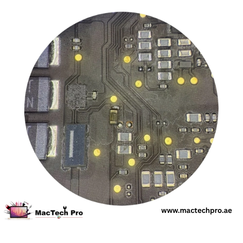 Damaged capacitor C8235 on the PP1V8_S2 (1.8V) rail of an M1 MacBook Pro logic board — MacTech Pro Dubai