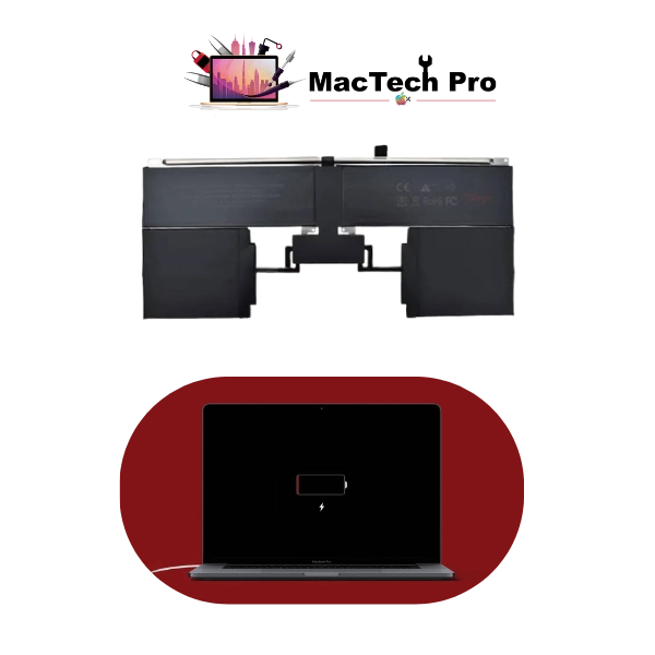 Fresh full-capacity A3449 battery fitted on an ESD-safe bench — MacTech Pro Dubai