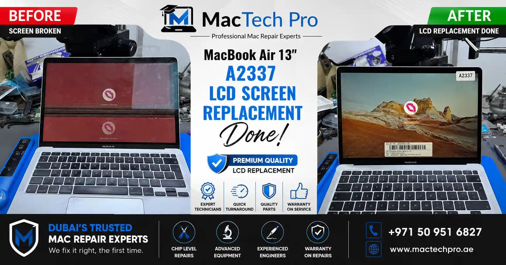MacBook Air 13-inch M1 (2020, A2337) internal screen replacement with an original Apple panel in Dubai - MacTech Pro