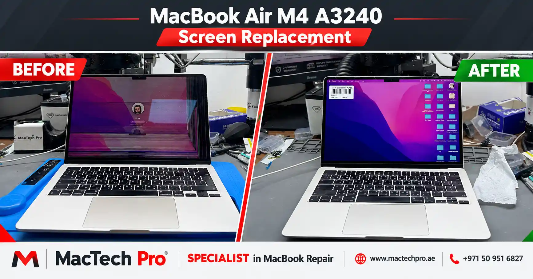 MacBook Air 13-inch M4 (2025, A3240) internal screen replacement with an original Apple panel in Dubai - MacTech Pro