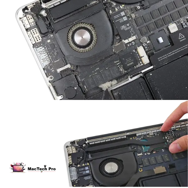 MacBook fan cleaned and fresh thermal paste applied during battery replacement in Dubai — MacTech Pro