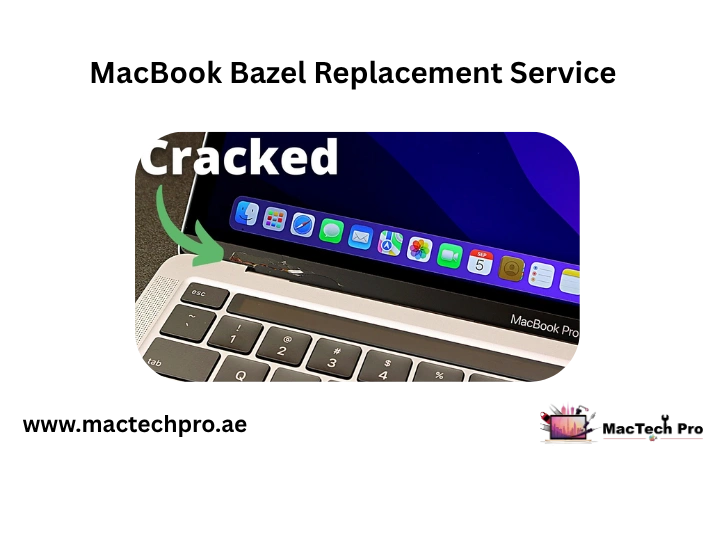 A cracked and peeling MacBook bezel inspected before an original Apple bezel replacement in Dubai — MacTech Pro
