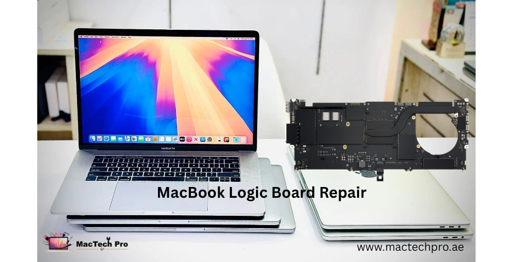 MacBook logic board repair cost Dubai — component-level chip repair under microscope by MacTech Pro, far below a full board swap