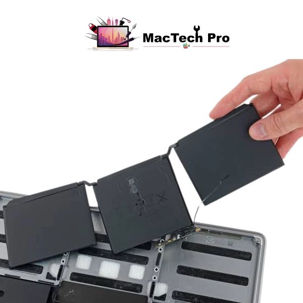 Fresh full-capacity A2338 battery fitted on an ESD-safe bench — MacTech Pro Dubai