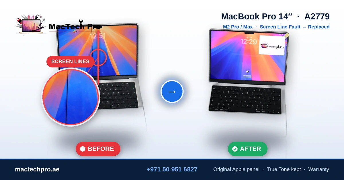 MacBook Pro 14-inch M2 Pro / M2 Max (A2779) internal screen replacement with an original Apple panel in Dubai - MacTech Pro