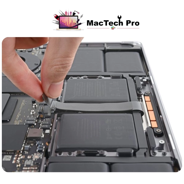 Fresh full-capacity A2485 battery fitted on an ESD-safe bench — MacTech Pro Dubai