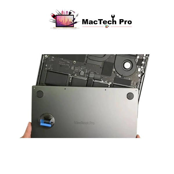 Fresh full-capacity A3428 battery fitted on an ESD-safe bench — MacTech Pro Dubai