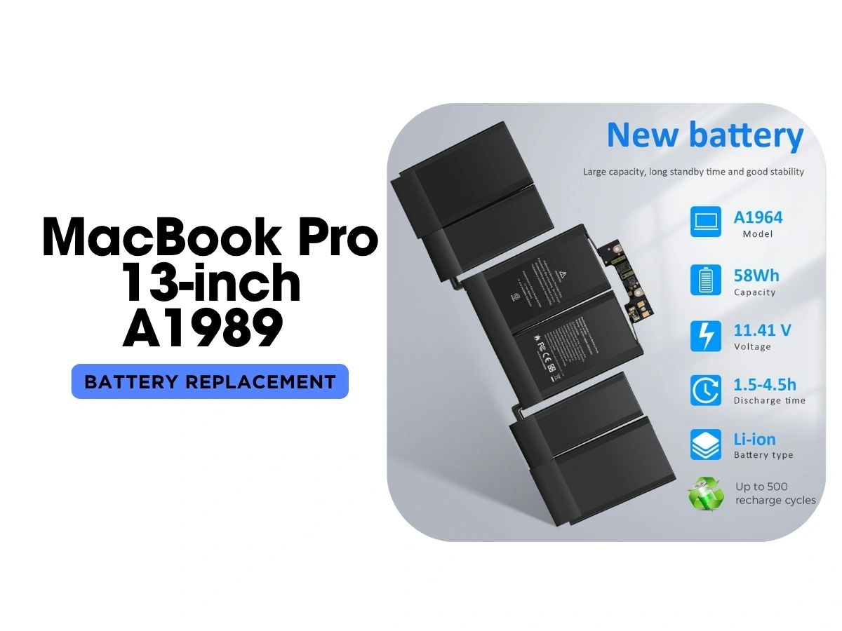Fresh full-capacity A1989 battery fitted into a four-port MacBook Pro 13-inch 2018/2019 on an ESD-safe bench — MacTech Pro Dubai