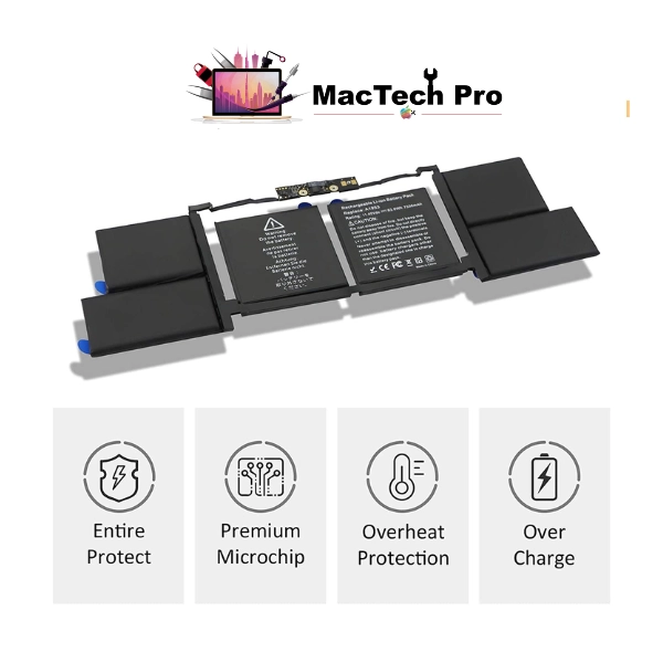 Fresh full-capacity A1990 battery fitted into a 15-inch MacBook Pro 2018/2019 on an ESD-safe bench — MacTech Pro Dubai