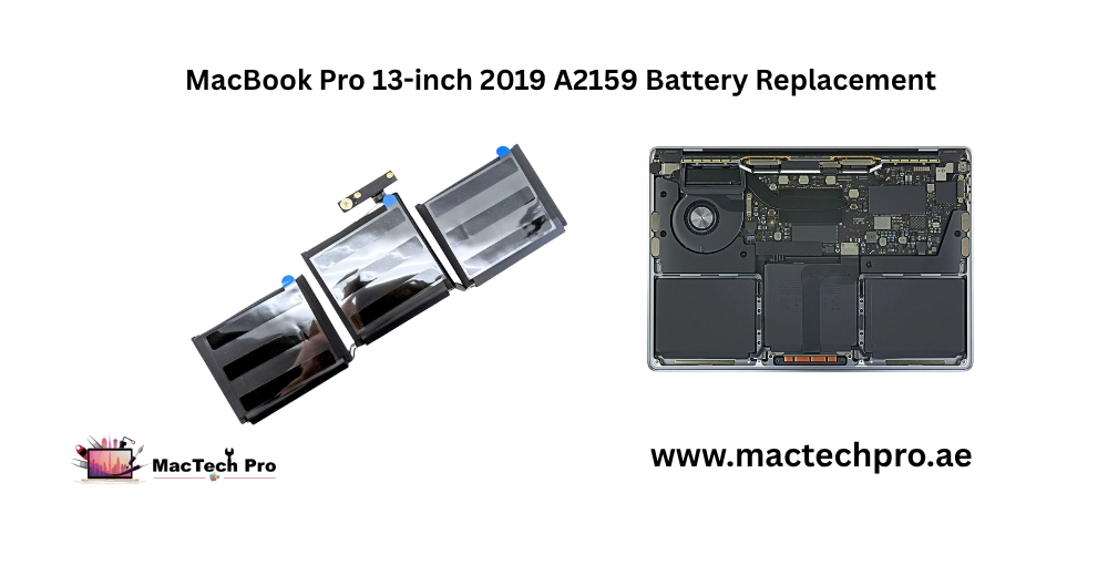 MacBook Pro 13-inch 2019 A2159 two-port battery replacement in Dubai — fresh full-capacity cell fitted, MacTech Pro