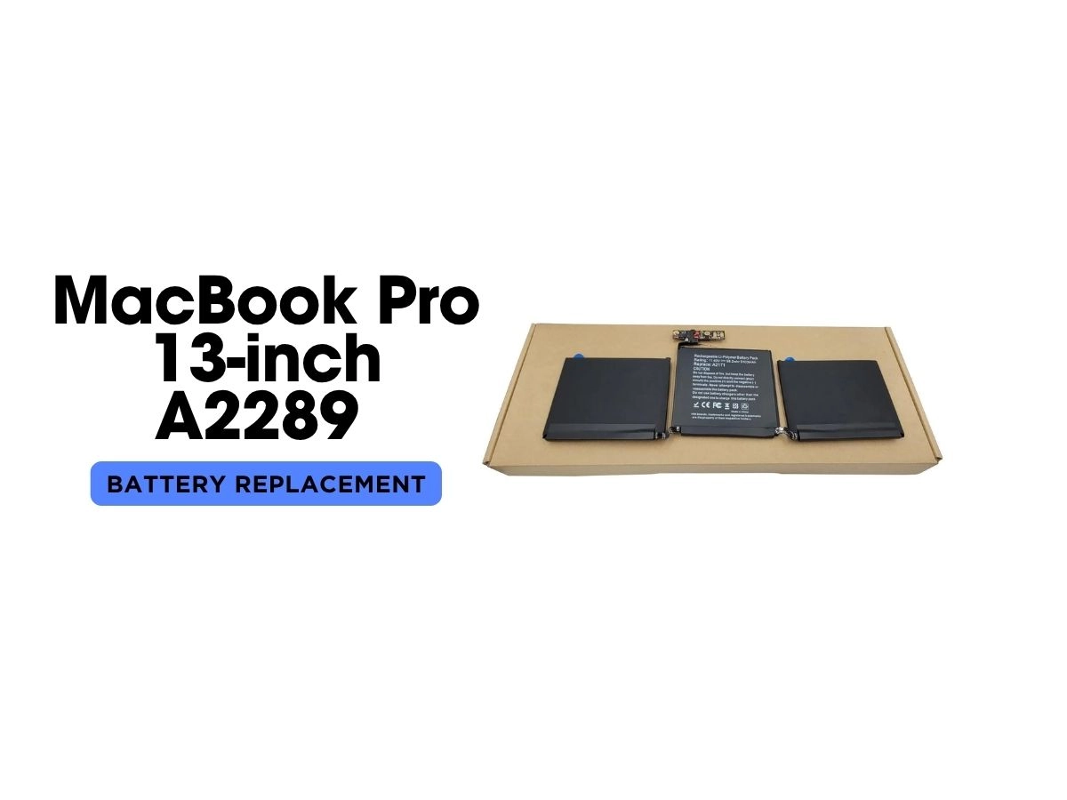 Fresh full-capacity A2289 battery fitted into a two-port MacBook Pro 13-inch 2020 on an ESD-safe bench — MacTech Pro Dubai
