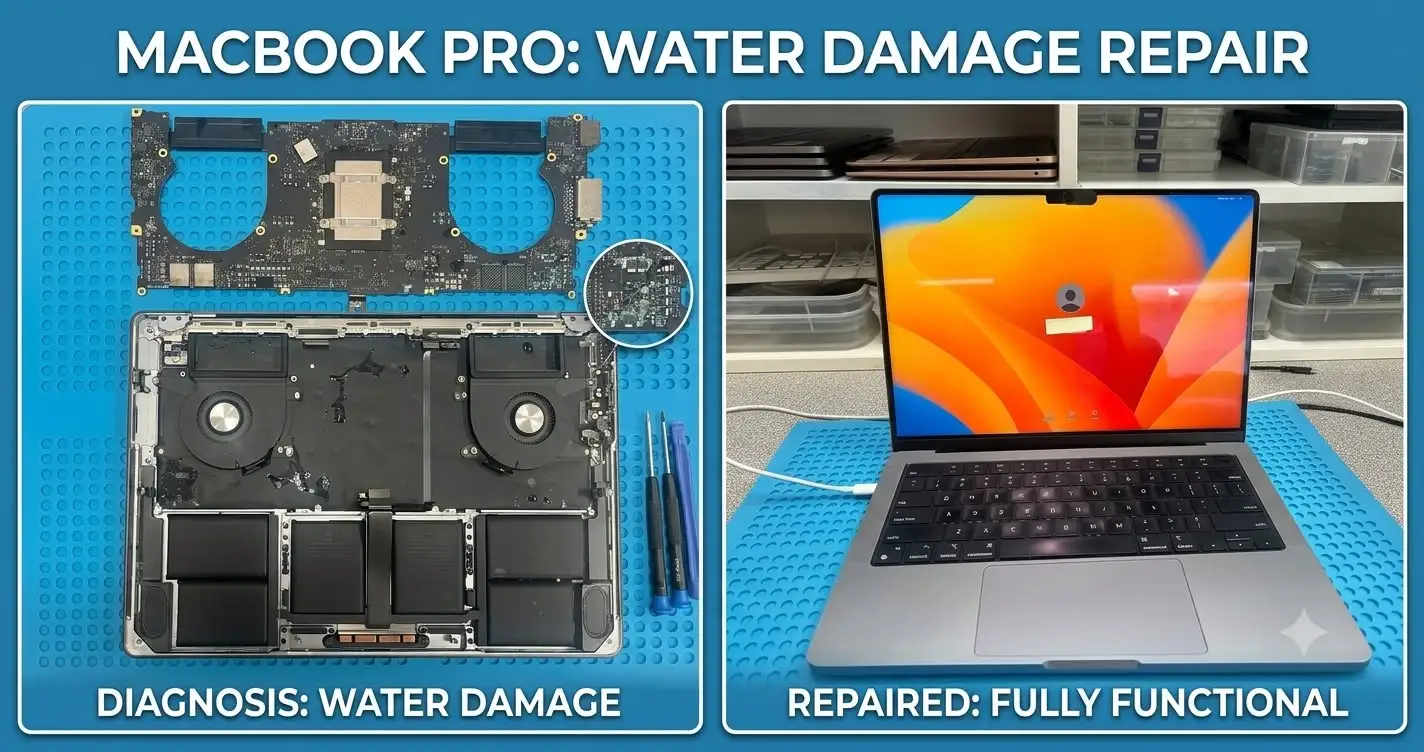 MacBook Pro (A2442) after bathtub water damage, repaired and working again with data saved — MacTech Pro Dubai