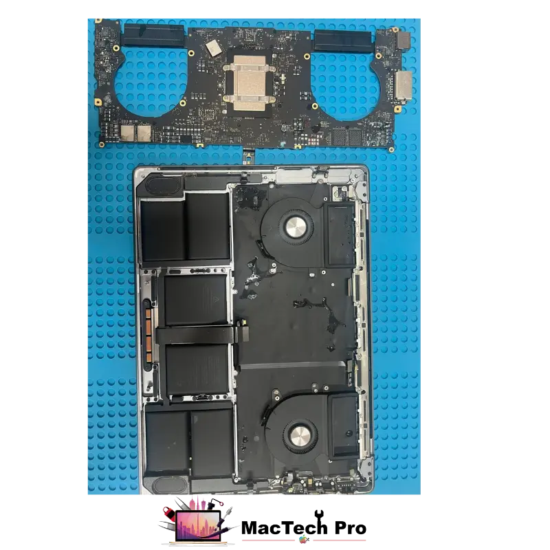 Water-damaged 14-inch MacBook Pro (A2442) logic board with corrosion, before ultrasonic cleaning — MacTech Pro Dubai