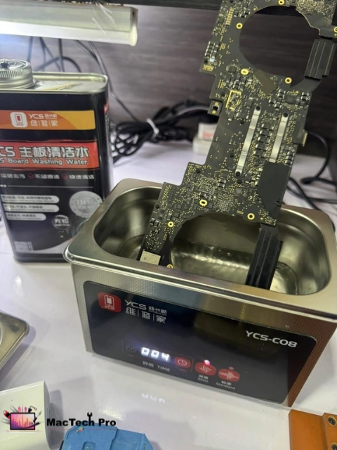 Ultrasonic cleaning of a liquid-damaged MacBook logic board — MacTech Pro Dubai Marina