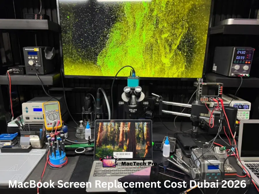 MacBook screen repair price comparison in Dubai 2026 — MacTech Pro panel-only repair versus Apple Store full-lid pricing across Air and Pro models