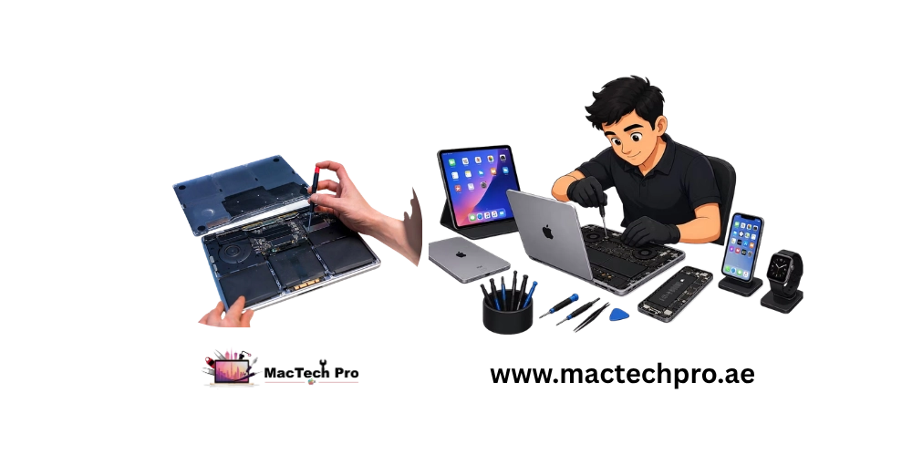 Board-level MacBook repair in Dubai — Dan micro-soldering a logic board under a microscope at MacTech Pro