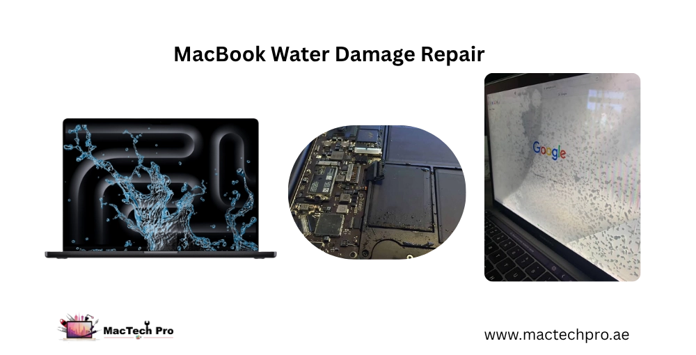 MacBook water damage repair Dubai — logic board ultrasonic cleaning to stop corrosion, 99% recovery within 24 hours, MacTech Pro